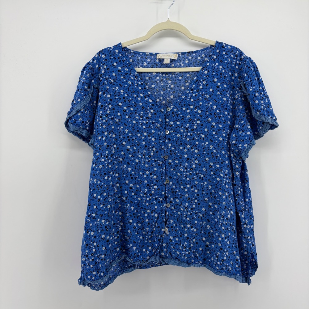 Weekend Suzanne Betro Womens 2X Blue Floral Blouse Button Front Crochet Trim